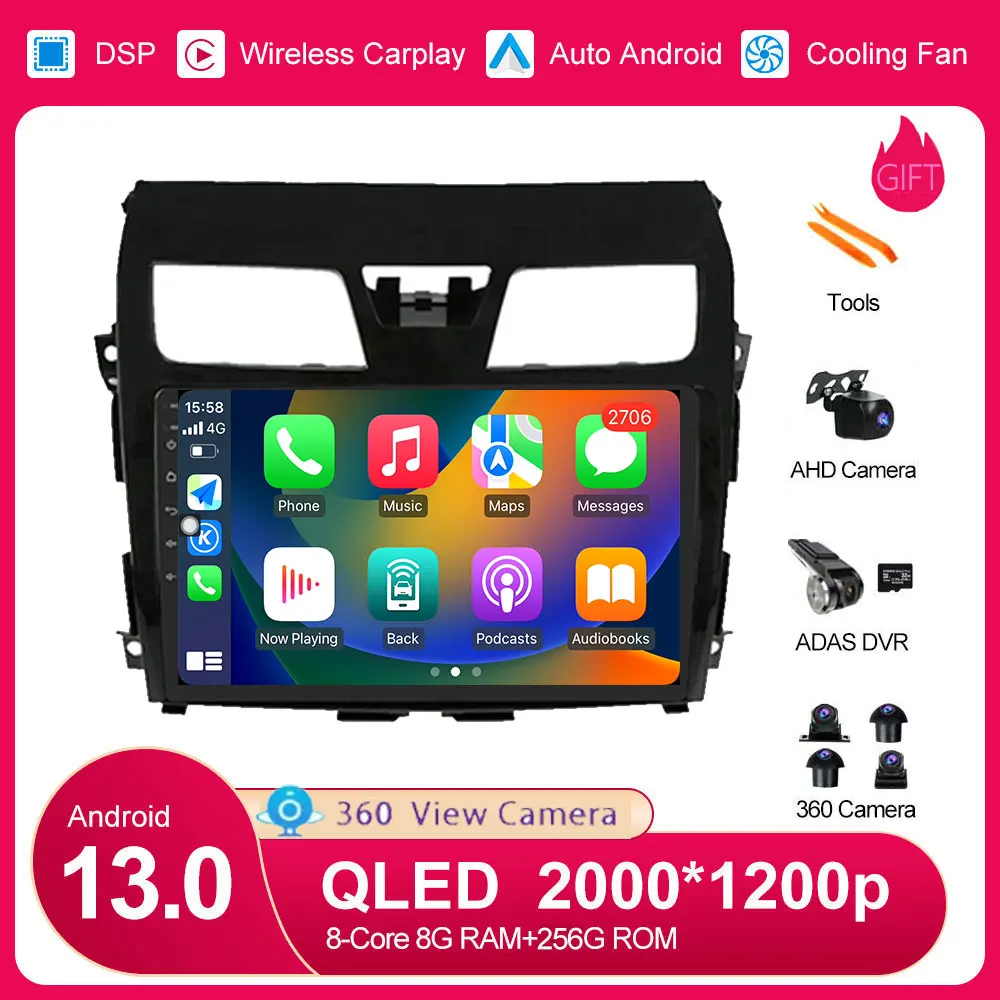 

Android 13 для Nissan Teana Altima 2013-2015, автомобильный Беспроводной мультимедийный видеоплеер для Carplay, управление рулевым колесом, GPS, Wi-Fi