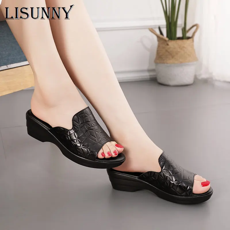 

LISUNNY Women Slipper's 2023 Ladies Summer Shoes Women Wedges Heels Fashion Summer Genuine Leather Shoes Platform Large size 42