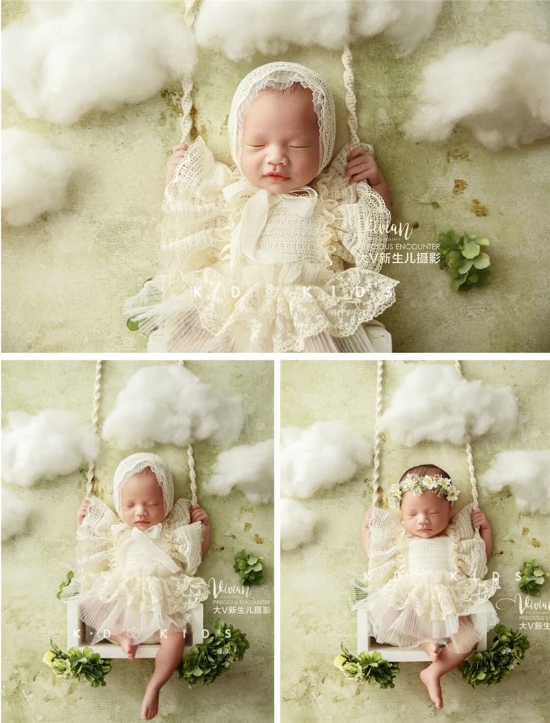 Newborn Baby Photography Props Wood Swing Lace Outfit Hat Floral Headband Backdrop Coulds Theme Set Studio Shooting Photo Props newborn baby photography props bunny outfit with hat pink furry posing chair with ears flower set studio shooting photo props