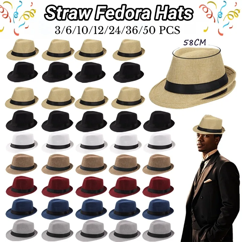 Straw Hat Wedding Straw Fedora Party Hats Summer for Men Women Short Brim Panama Cap Unisex Beach Sun Hat Costume Gift for Guest