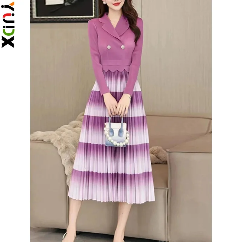 

YUDX Miyake Pleated Women Fashion Dress Lapel A Line Folds Gradient Color Evening Party Loose Full Sleeve Medium Long New