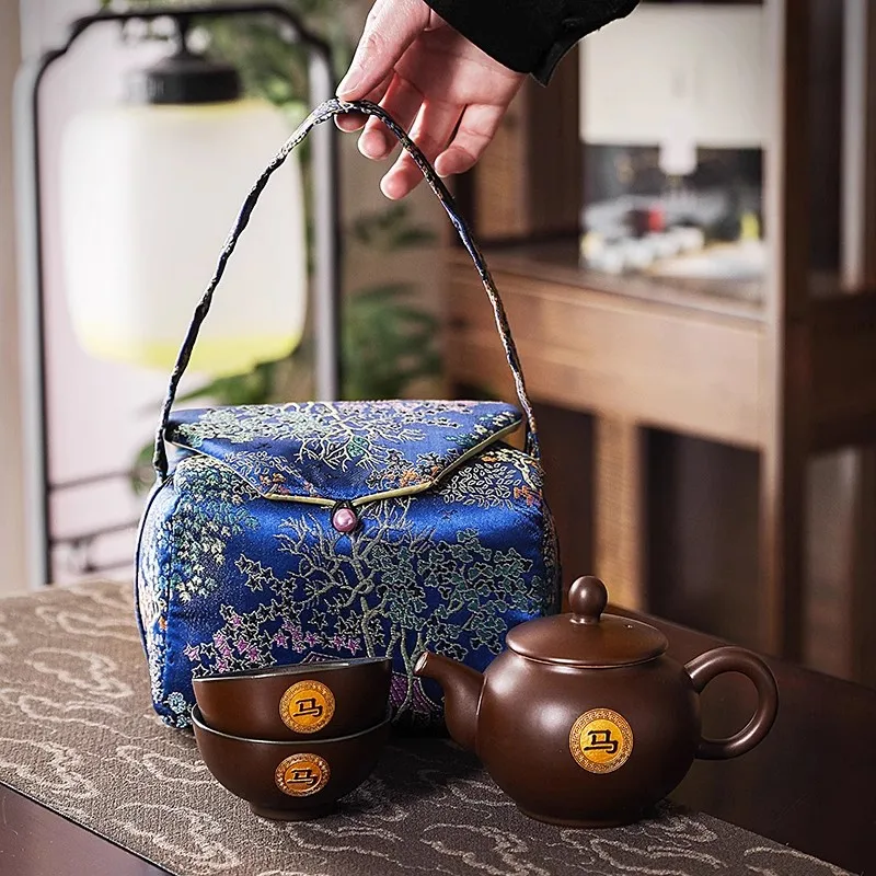 Printed Storage Bag with Cotton Lining, Small Travel Handbag Simple One-pot Two-Cup Set Teacup Bags