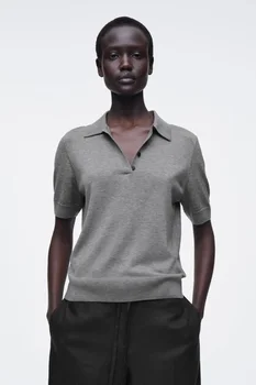 XIMIAN APPAREL 2026 YAZHIMEI Nuova Collezione Primavera: Polo da Donna in Misto Lana Grigio, Casual, Alla Moda e Aderente