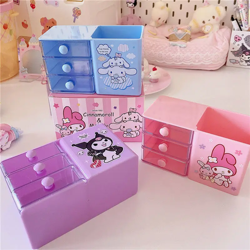 Cute Sanrio Cinnamoroll Drawer Storage Box Cartoon Mymelody Desktop Mini Jewelry Box Kuromi Double-Layer Organizer Box Gifts
