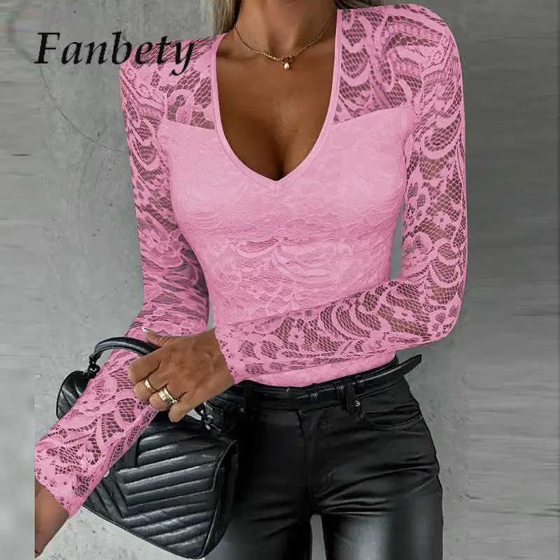 

Женская кружевная блузка с V-образным вырезом и длинным рукавом