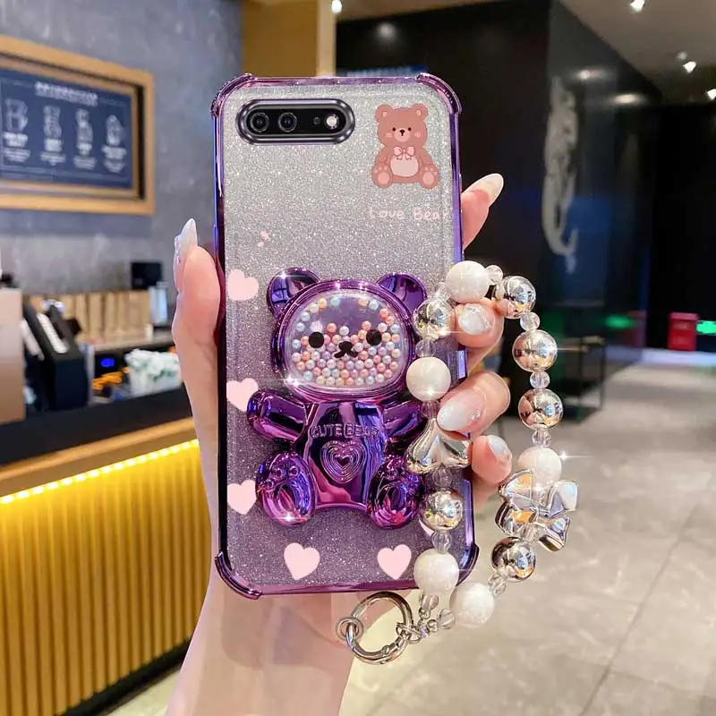 Pearl Strap Glitter Teddy Bear Phone Holder Case with Anti-Knock Stand Cover