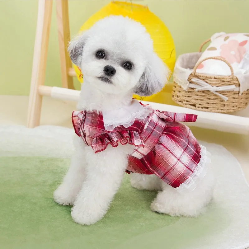 Dog Clothes Dog Costume Cat Clothes Plaid Skirt Princess Skirt with Bow for Small Dogs Cute Lace Lace Cat