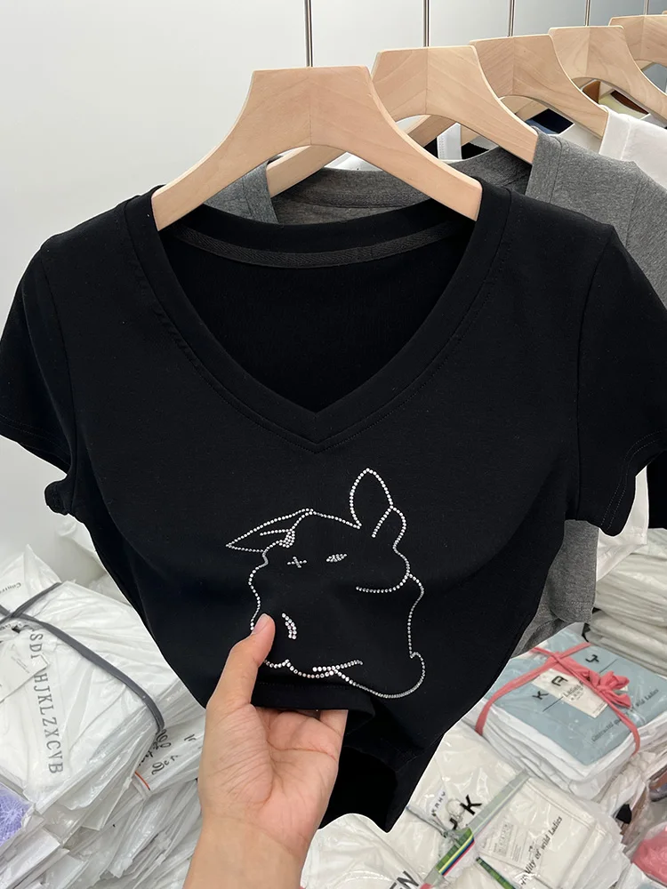 

Women Black T-shirt Harajuku Korean Y2k Tee Top Clothes Vintage Streetwear White Print V-Neck Short Sleeve T-shirts 2023 Summer