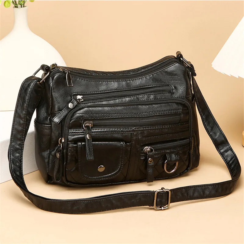 Classic Soft Leather Multi Pocket Cross Bags Multi Layer Zipper Pouch Single Messenger Shoulder Bag for Women Work Travel Party