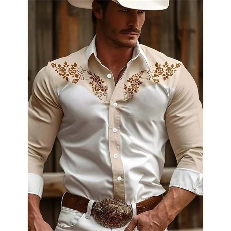 Men's long sleeved shirt, seasonal casual collar button up shirt, men's denim retro ethnic style breathable soft shirt