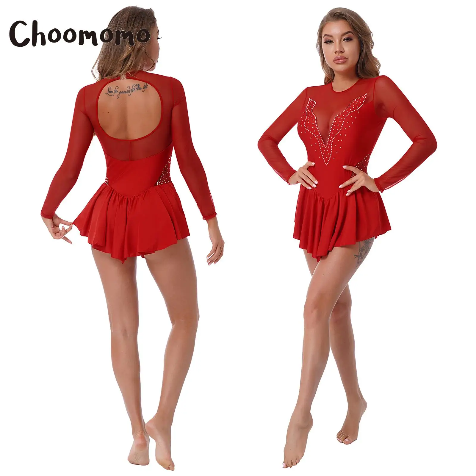 

Choomomo Womens Shiny Rhinestone See-through Mesh Patchwork Dance Dress Long Sleeves Figure Skating with Ruffle Skirted Leotards