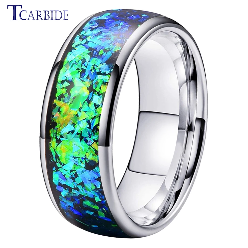 Very Beautiful Bright Opal Ring 8mm Men Women Tungsten Engagement Wedding Band Domed Polished Comfort Fit 5