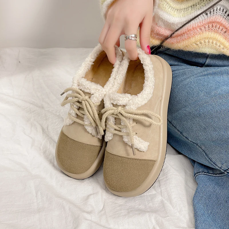 

Туфли женские с перекрестной шнуровкой, меховые кроссовки, платформа, платформа, криперы, Ретро стиль, базовая обувь из флока на среднем каблуке, зима