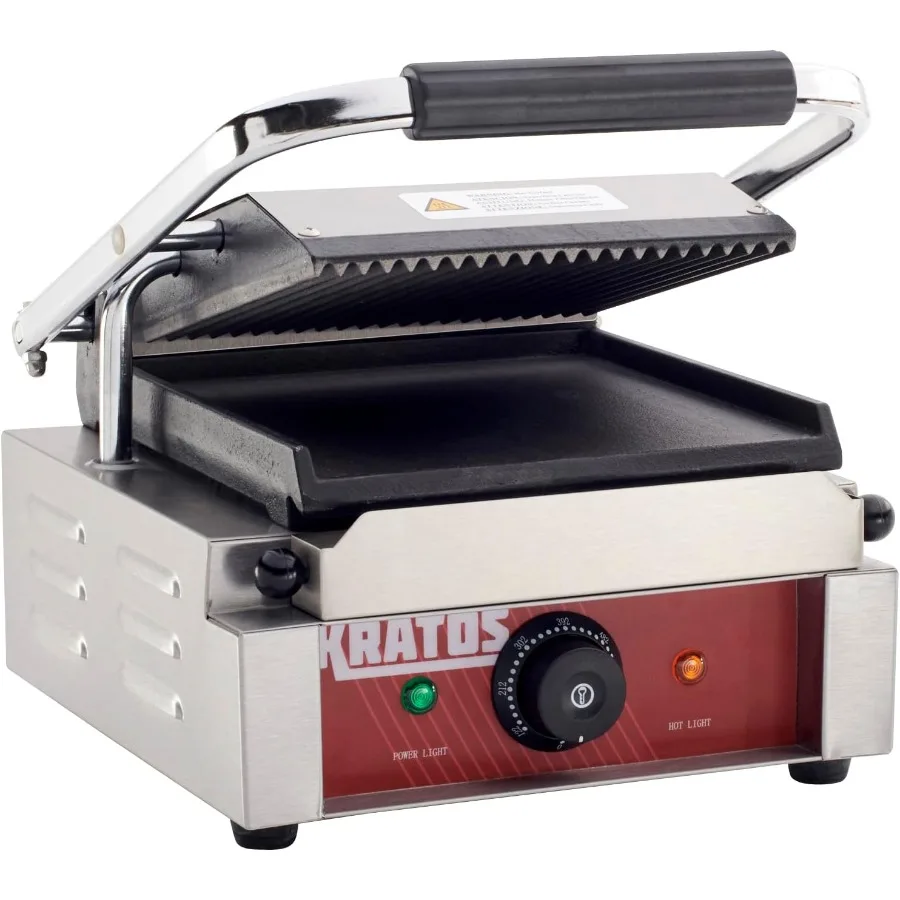 Commercial Electric Panini Sandwich Grill with Grooved Top and Smooth Bottom Plates for Perfect Toasted Sandwiches 9 x 9 Large