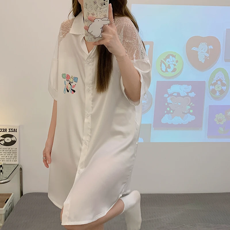 Casual Women Soft Satin Sleepwear Nightgown Loose Body Silk Nightwear Lace Patchwork Nightdress Wild Sleepshirt New Nighties