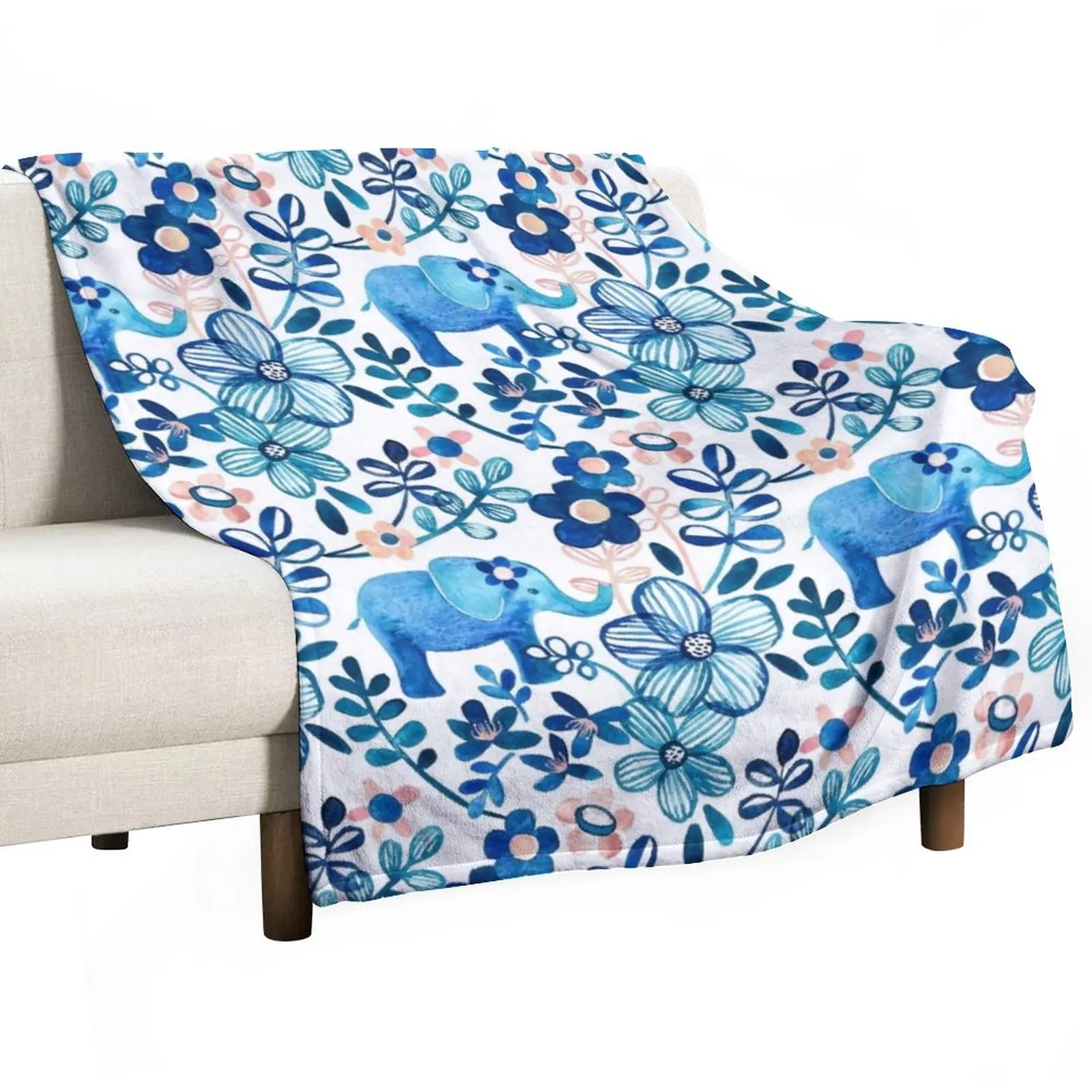 

Blush Pink, White and Blue Elephant and Floral Watercolor Pattern Throw Blanket Luxury Designer Blanket Sofa Blanket