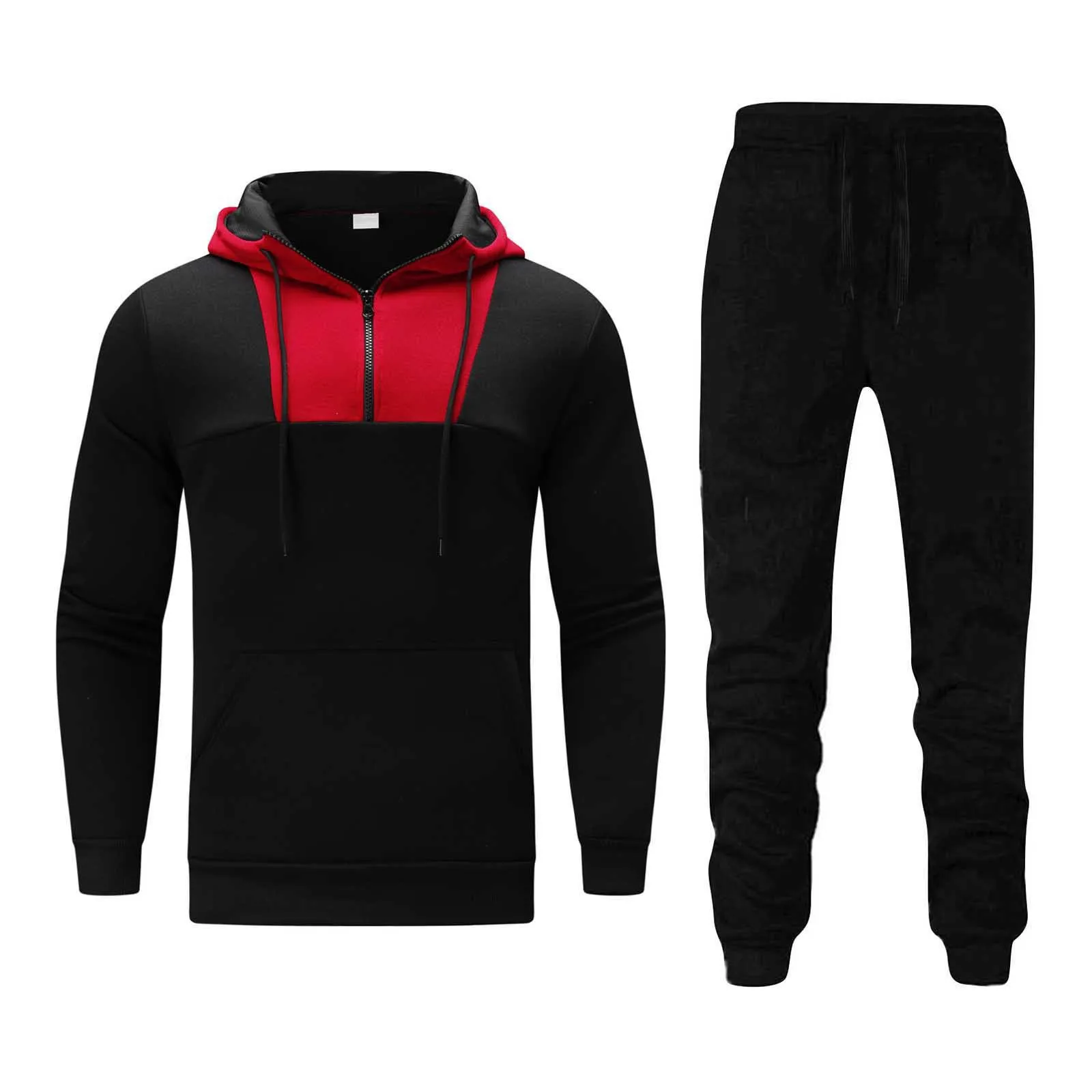 2023 Autumn/Winter New Men's Neckline Zipper Color Block Pullover Hooded Sports Men's Sports Set Sweater