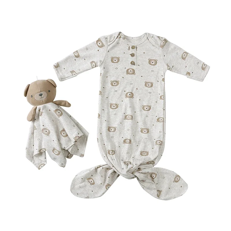 0-6M Baby Boys Girls Sleepsacks＋Bear Doll Soothing Towel Newborn Cartoon Print Sleep Sack Infant Warm Soft Cute Sleeping Bag