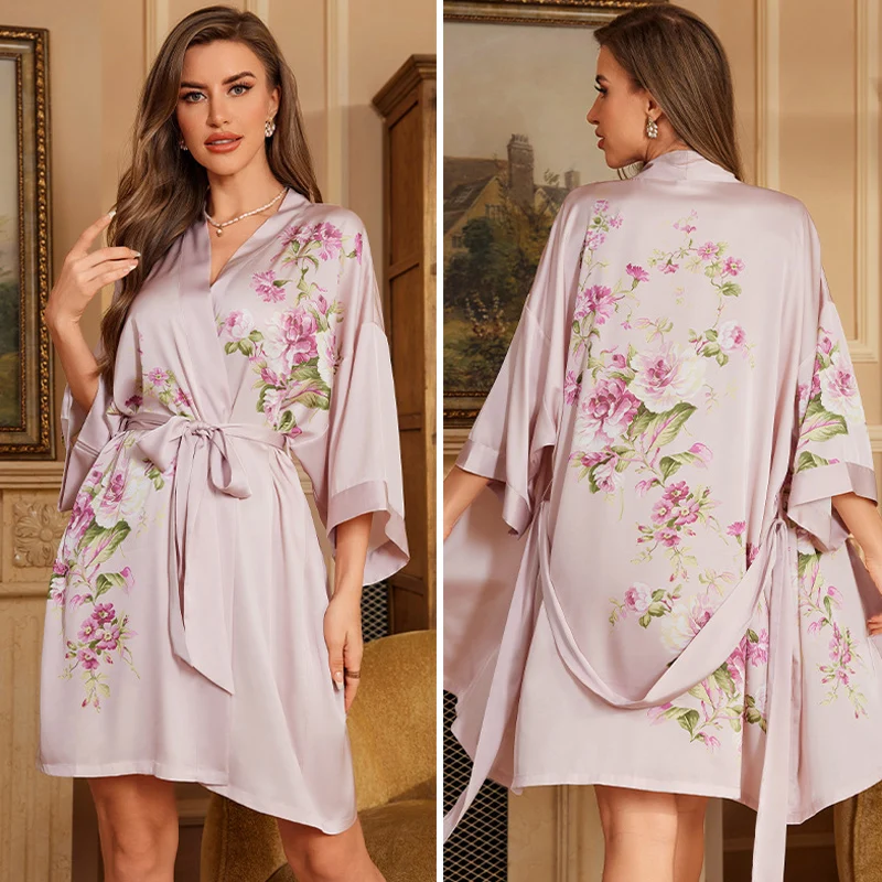 Navy Blue Floral Silk Satin Kimono-Style Nightgown