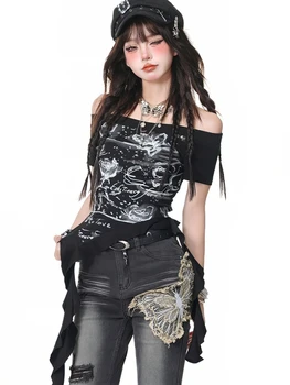 Y2k Print Vintage Off shoulder Short sleeve T Shirt Women Hip hop Basic Summer Crop Tops Streetwear Lady Tees Korean 1