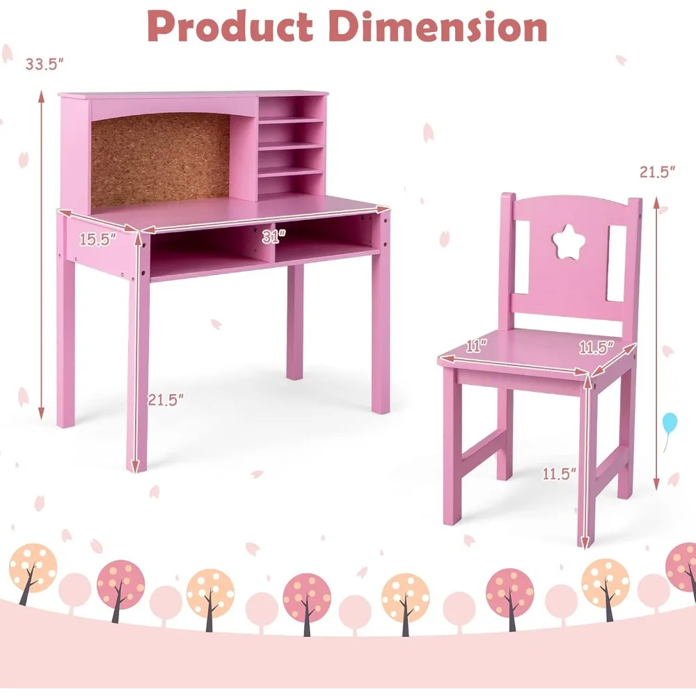 Kids Desk and Chair Set, Wooden Study Desk for Kids with Storage,Hutch, Cork Bulletin Board,Student Writing Computer Workstation 6