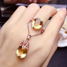  MeiBaPJ Natural Citrine Gemstone Flower Fine Jewelry Set 925 Pure Silver Necklace and Ring 2 Piece Suit for Women 