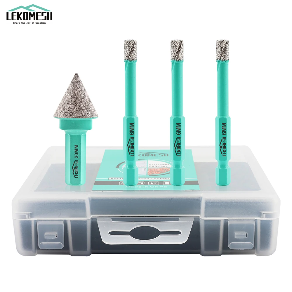 LEKOMESH 4pcs/set Diamond Drill Dia 6/6/6mm Core Bits Triangle 20mm Chamfer Bit For Ceramic Tile Granite Marble Hole Saw