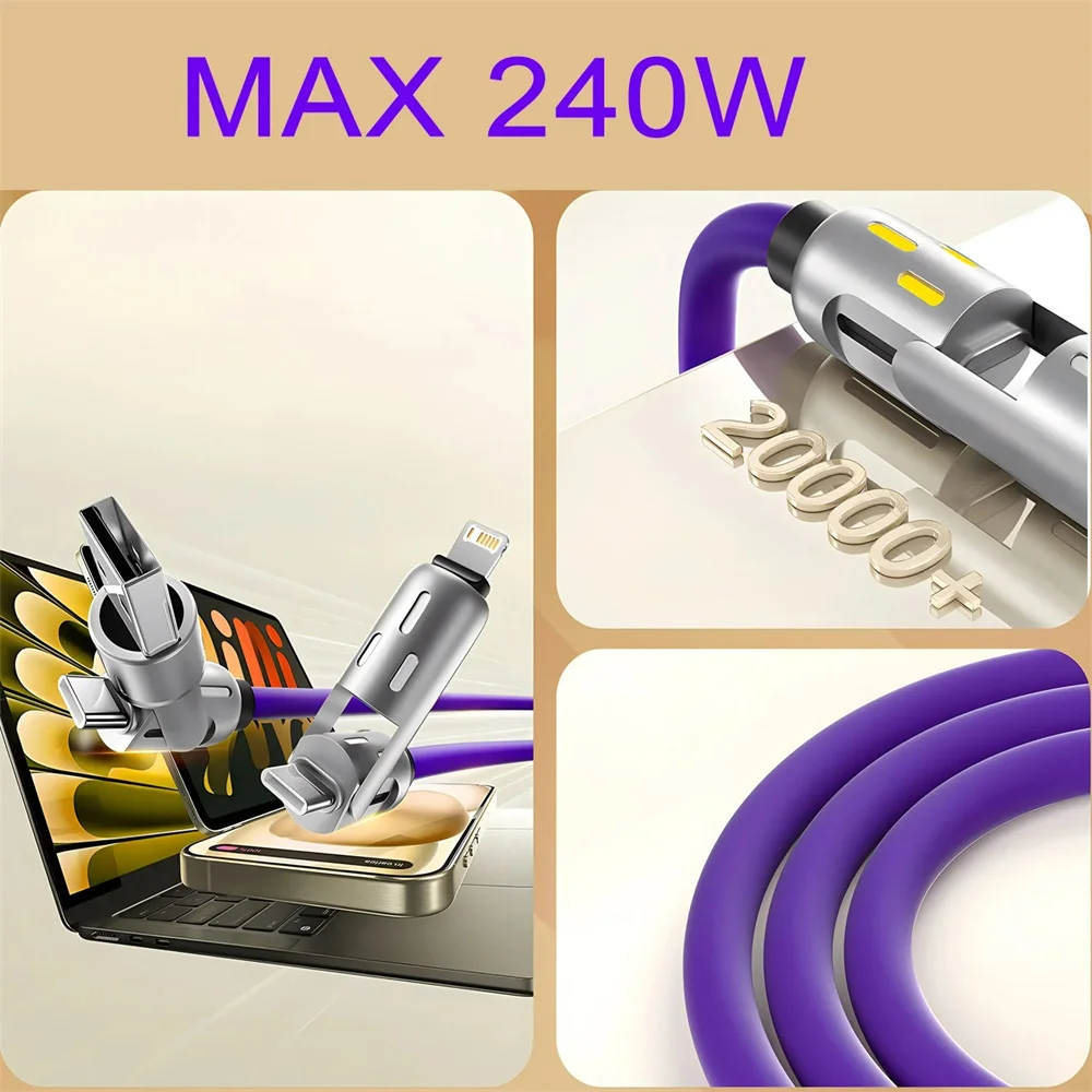 240W 4 in 1 USB C Fast Charging Cable USB To Lightning Data Cable Dual Type C Fast Charger Cable For iPhone 16 15 Samsung Xiaomi