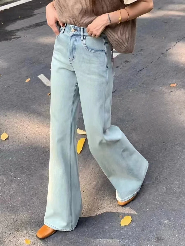 Vintage Flare Jeans Light Blue High Waist Denim Pants Female Black Trousers Wide Leg Loose Casual Pants Elegant Office Ladies