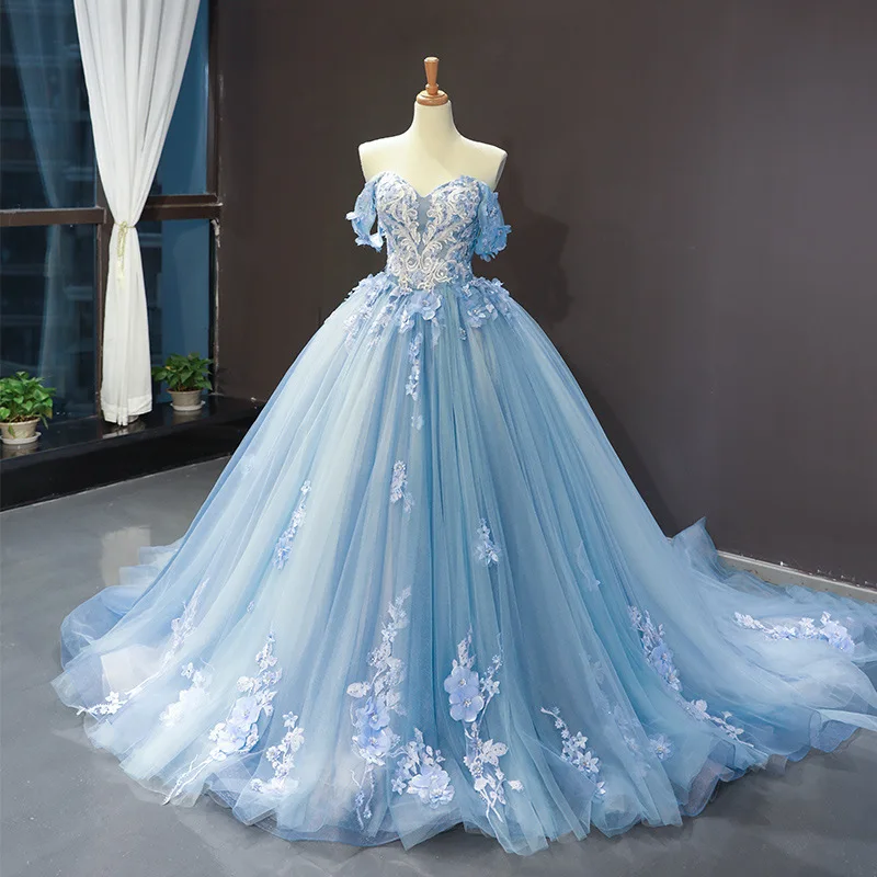 

Elegant Appliques A-Line Floor-Length Wedding Dresses New Light Blue Off Shoulder Tulle Small Trailing Princess Dress