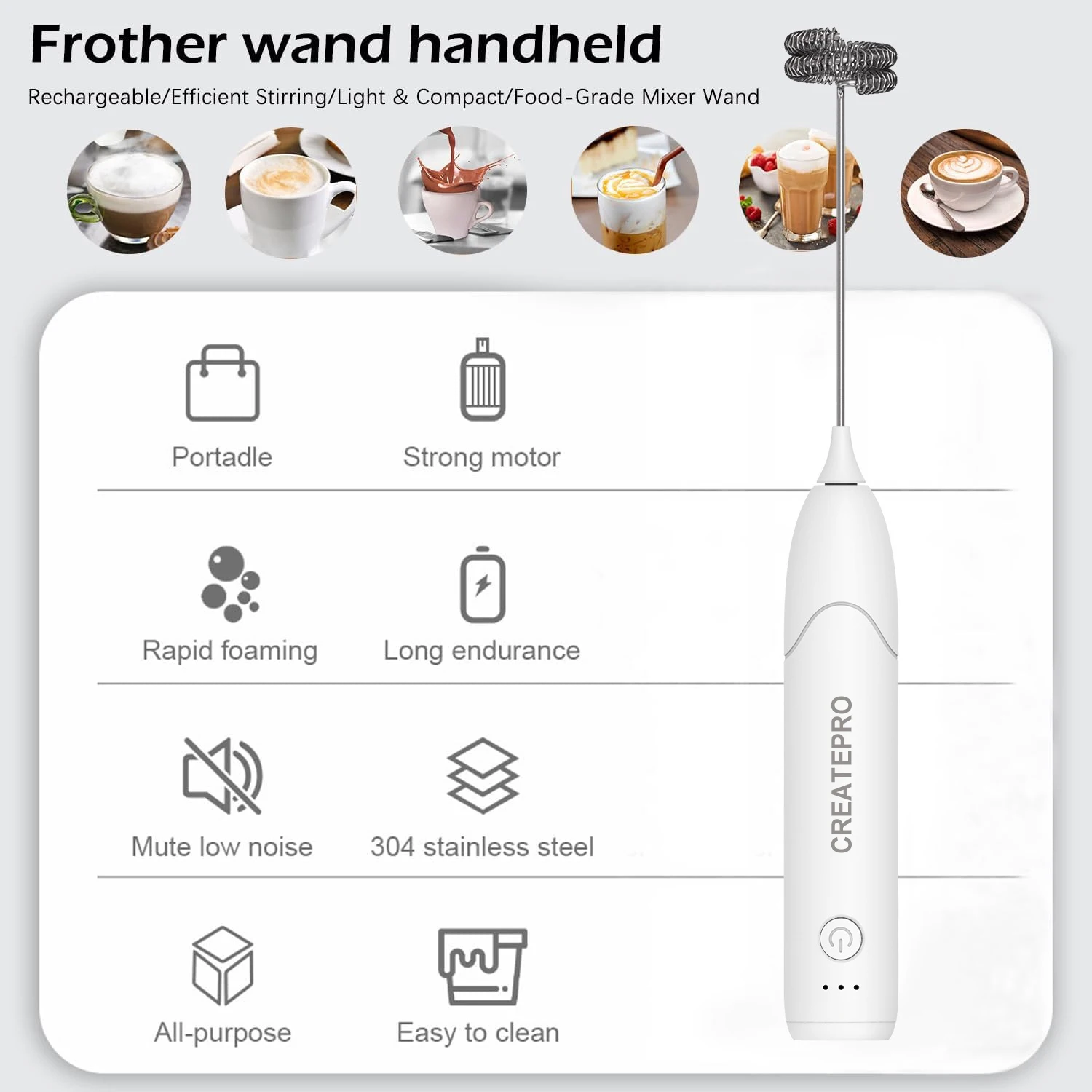 3-Speed Electric Milk Frother for Coffee with Whisk Stand-up Design Stainless Steel Frother Mixer Rechargeable for Cream 5