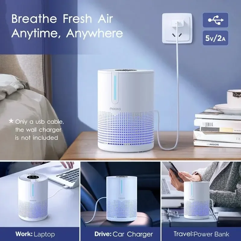 2 Packs MOOKA  Air Purifiers for Home Bedroom Up to 300Ft²  H13 True HEPA Filter Protable  with USB Cable 2