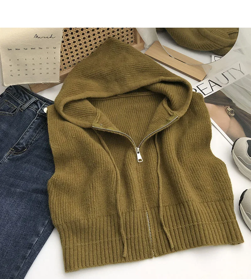Dstring Hooded Zipper Svel Knitted Vest Women's Autumn Faion Korean Retro Versatile Outerwear Tank Top