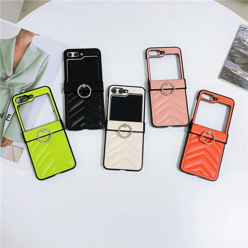 Per Samsung Galaxy Z Flip 5 5G Z Flip 4 Z Flip 3 Custodia Luxury Ring Phone Holder Cover In Pelle Tinta Unita Pieghevole Pu Back Funda