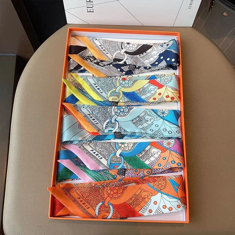 5*90cm French Retro Printed Silk Scarf Tied and Wrapped Handle Ribbon Scarf Light Luxury Saddle Twill Streamer Decoration