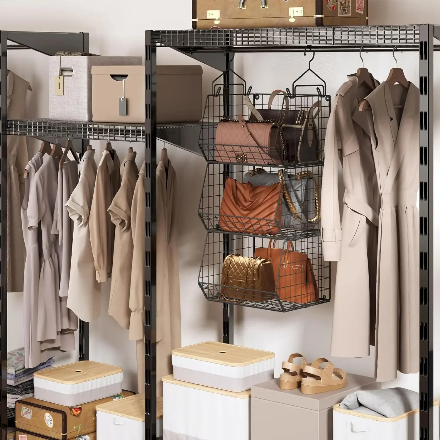 6 Tier Closet Hanging Organizer, Clothes Shelves with 2 Pair Hooks,5 S Hooks, Wire Storage Basket Bins, for Clothing Sweaters 6