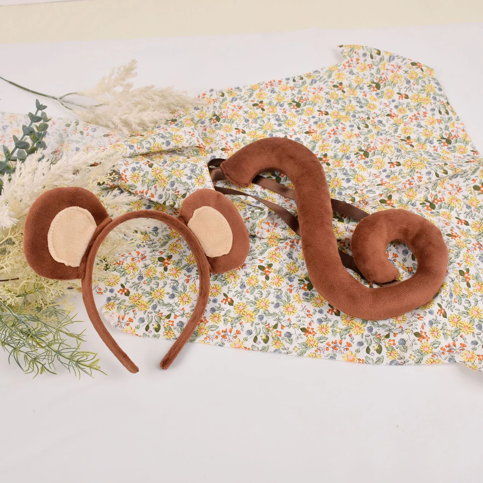 Hair Accessories Monkey Ears and Tail Faux Long Tail Funny Gifts Plush Ears Hair Clip Christmas Masquerade Prom Stage Performance Women Girls