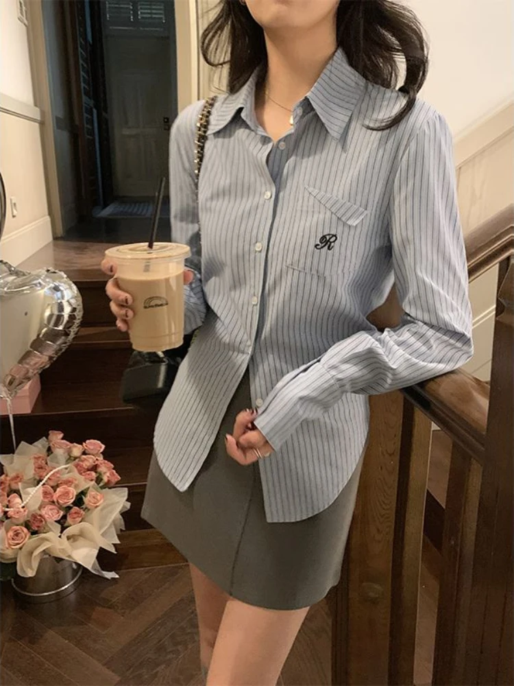 

Women's Shirt and Blouse Button Up Striped Female Tops Full Long Sleeve Spring Autumn with Designs Pattern Embroidery Basic Xl M