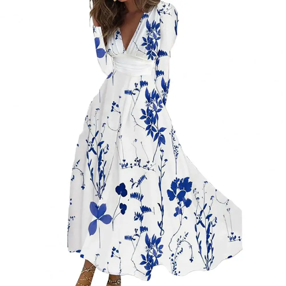 

Elegant V-neck Maxi Dress Elegant Floral Print Maxi Dress V-neck Long Sleeve High Waist A-line Gown Streetwear for Women with 3
