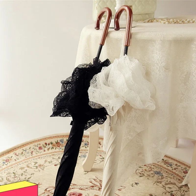 White Lace Umbrella Women Flower Long Handle Umbrella Wedding Retro Sunshade Girls Umbrellas Decoration Guarda Chuva Gift SY329