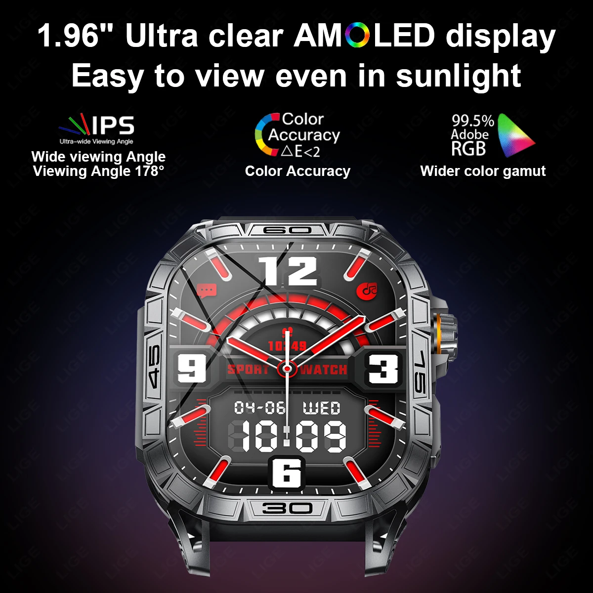LIGE ߿  Ʈ ġ  1.96ġ AMOLED ũ  ̾  ȭ  ű Smartwatch Men