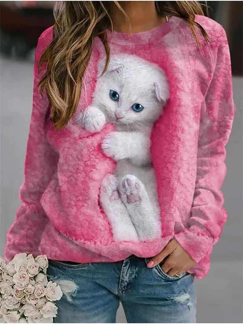 

Wish 2023 spring and summer animal loose printing long sleeve turtleneck cat picture