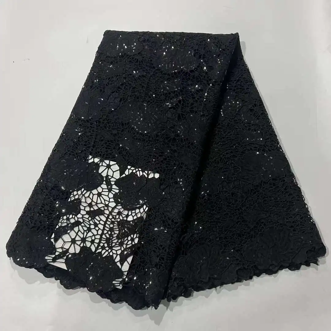 

African Lace fabric Guipure Cord Lace with Sequins 2024 High Quality Nigerian Water Soluble Lace for Women Wedding Dress RFE1-8