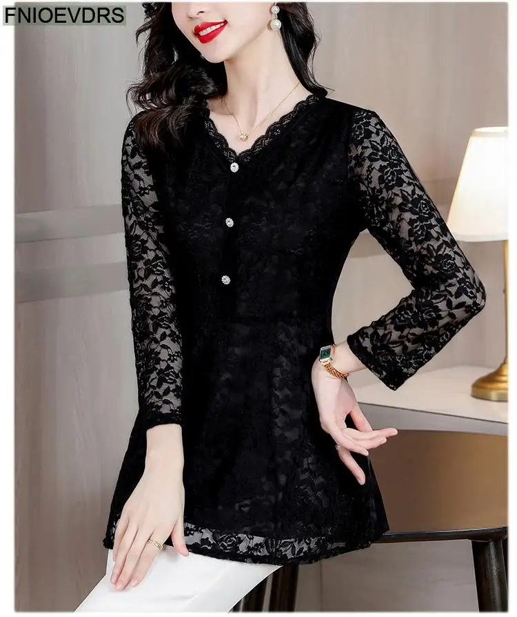 M-5XL 2023 Women Winter Spring Basic Black Lace Shirts Elegant Office Lady Loose Casual Ruffles Tunic Peplum Tops And Blouses