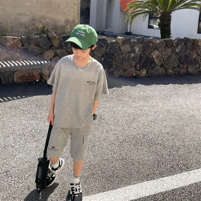 Boys Summer Fashion Modal Cotton Solid 2Pcs Short Sleeve T-shirts+Pants Suits 2-12 Years Boys Casual Tops Children Clothes Sets