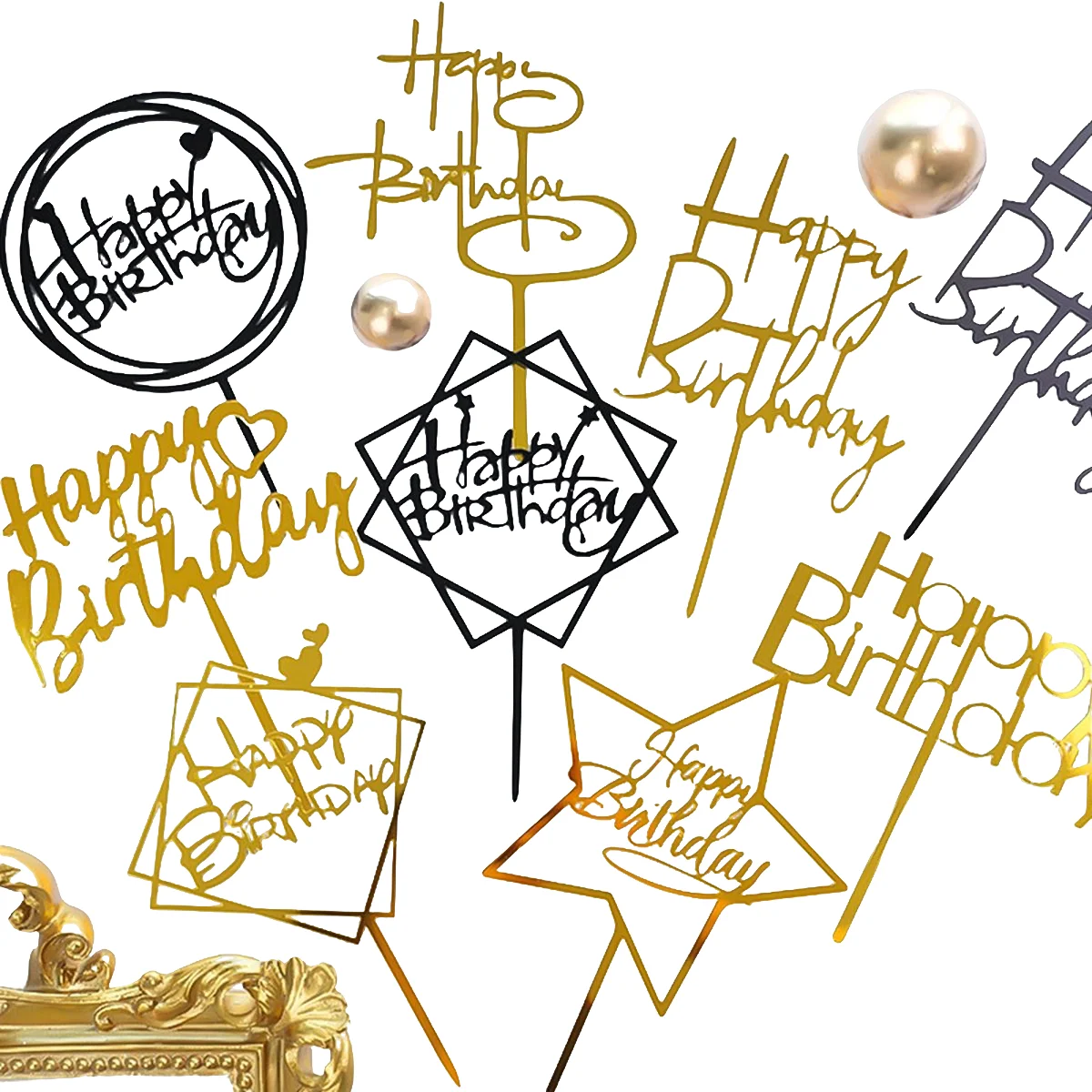 10pcs/lot New Colorful Acrylic Happy Birthday Cake Topper Heart Round