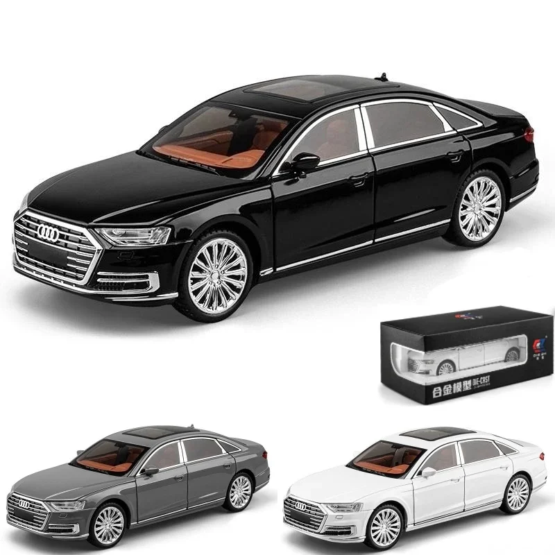 

1/24 Audi A8 литая металлическая Игрушечная машина, миниатюрная модель автомобиля, задний звук, открывающиеся двери, коллекционный подарок для мальчика