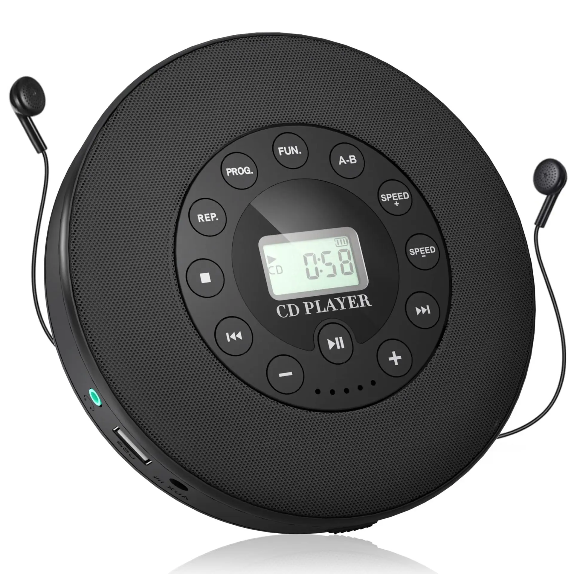 휴대용 CD 플레이어, USB 플레이어, AUX, 스테레오 스피커, 스테레오 헤..