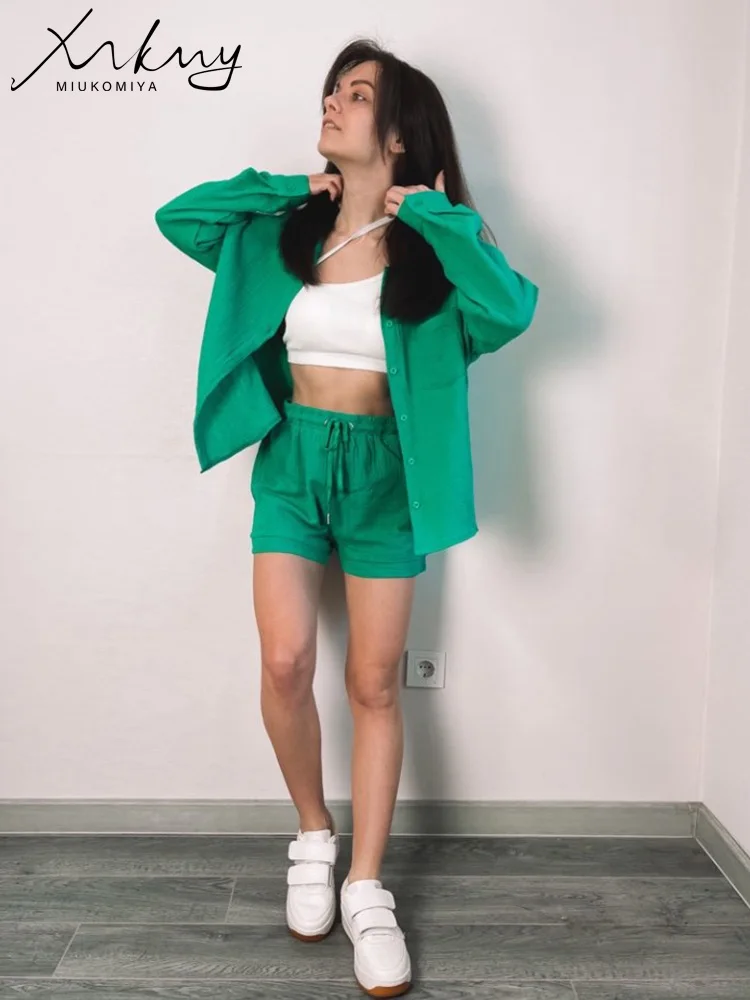 Short Two Piece Set For Women Shorts And Top Orange Loose Women's Summer Suit Oversize Shorts And Long Sleeve Shirts Sets Ladies