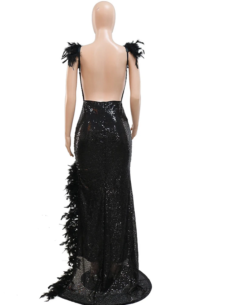 Kricesseen Sexy Black Sequined Feather Details High Split Maxi Dress Women Strap Backless Bodycon Night Clubwear Long Dress